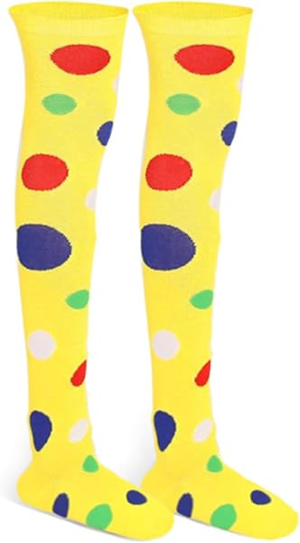Lezevn Calcetines largos para cosplay de payaso, con estampado de lunares irregulares, arco iris, por encima de la…