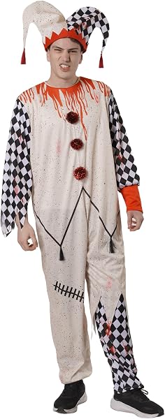 Disfraz Arlequín Sangriento Adulto Hombre Halloween con Sombrero Bufón y Mono Terror Rombos Blanco Negro Payaso…