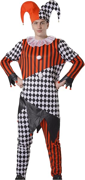 Disfraz Payaso Arlequín Circo Hombre Halloween Carnaval Adulto Mono Satén con Gorro Rojo Negro Cuadros Rayas…