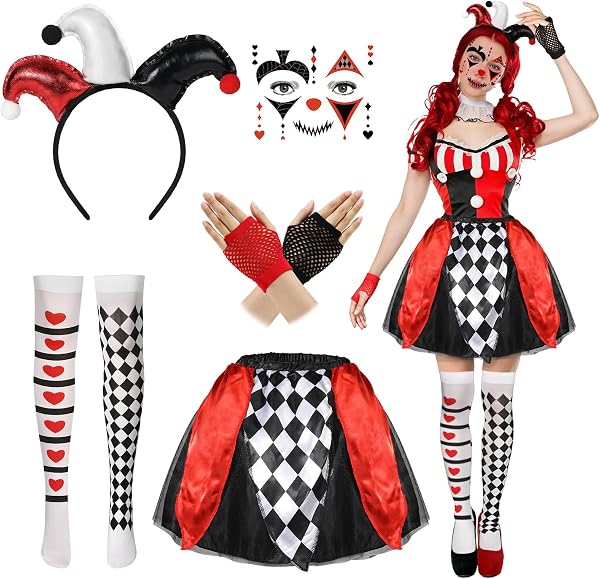 Disfraz Payaso Mujer Halloween, Disfraz Halloween Mujer Payaso | 5 PCS Diadema Arlequin Gemas Faciales Guantes…