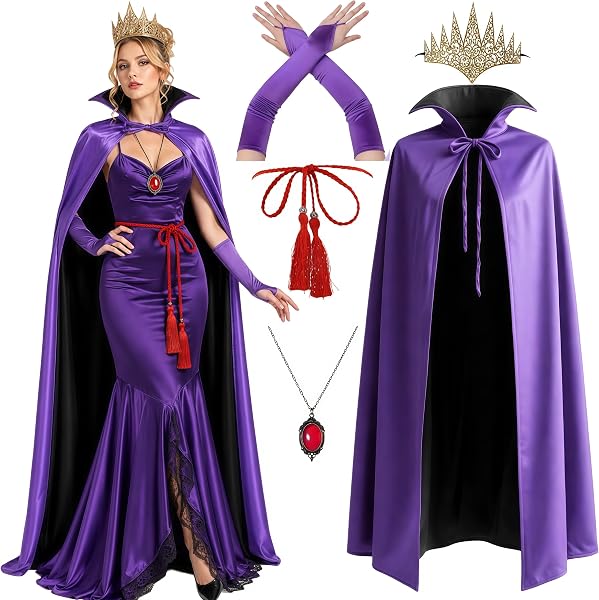 Disfraz de reina malvada para Halloween, 5 unidades, con capa morada, cinturón de cintura, corona dorada, guantes…