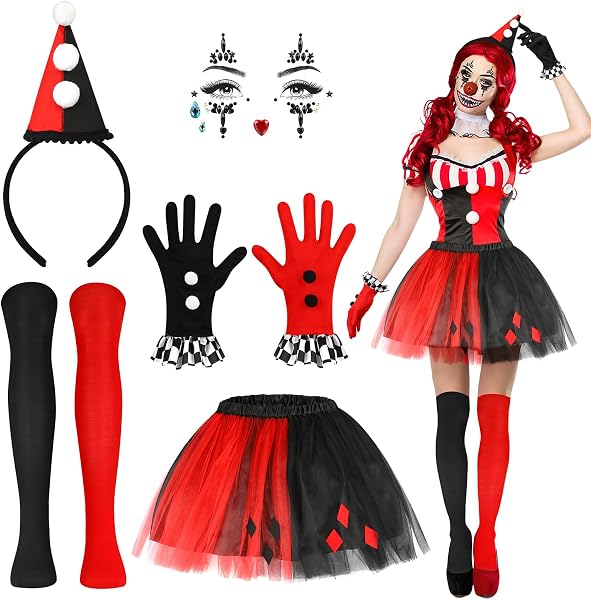 Disfraz Payaso Mujer Halloween, Disfraz Halloween Mujer Payaso | 5 PCS Diadema Arlequin Gemas Faciales Guantes…