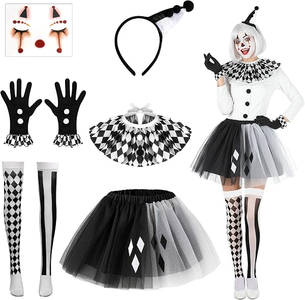 Disfraz Payaso Mujer Halloween, Disfraz Halloween Mujer Payaso | 5 PCS Diadema Arlequin Gemas Faciales Guantes…