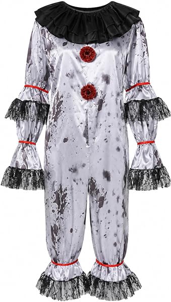 Carnavalife Disfraz Payasa Terrorífica Mujer Adulto Halloween Mono Corto Satén Plateado Cuello Volante Manga Larga…