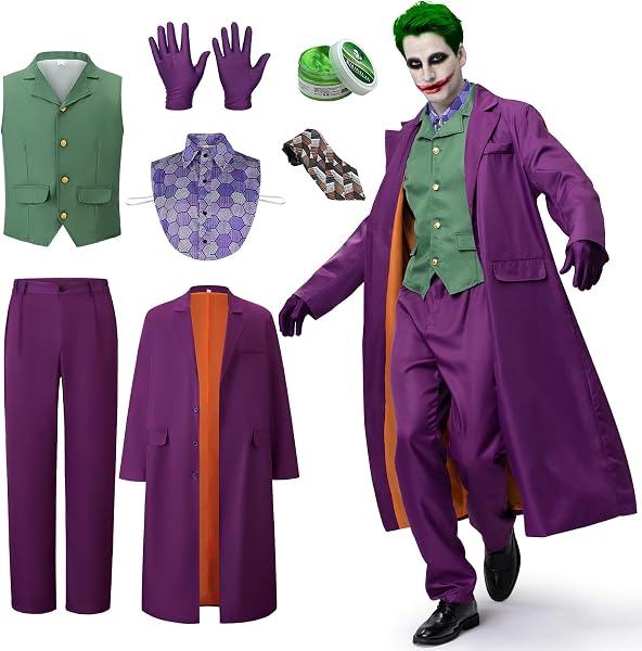 IEEILULU Disfraz Joker Hombre, Disfraz de Payaso Terror Hombre Halloween Disfraz Joker con Abrigo Morado, Chaleco…