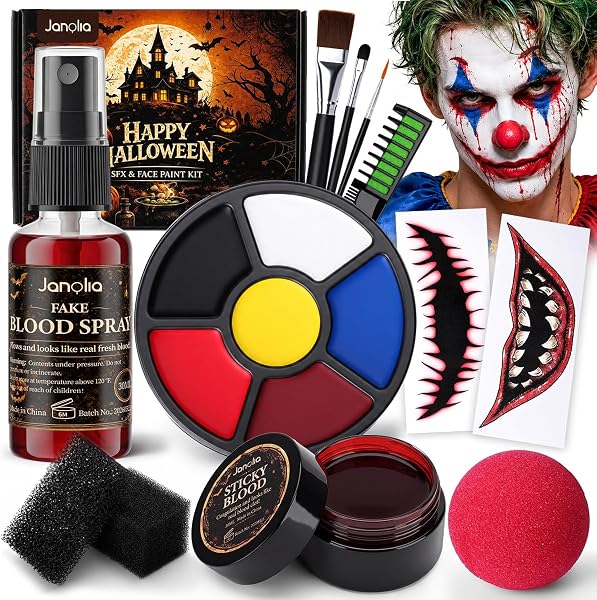 Janolia Maquillaje Halloween, Payaso Kit Maquillaje Halloween con Pintura Facial, Sangre Falsa, Nariz Payaso,…