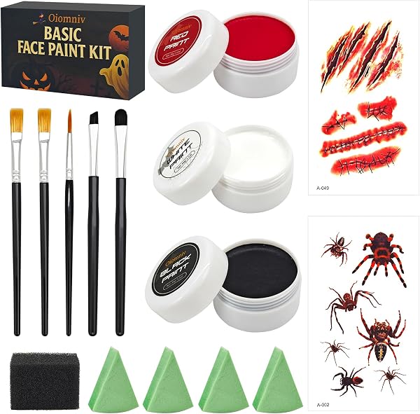 Oiomniv Kit Maquillaje Halloween 15 Piezas Cara Cuerpo Negro Blanco Rojo | Maquillaje SFX al Agua con Negro,…