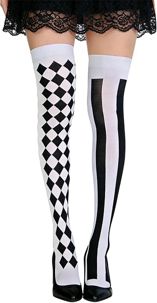Medias de Payaso Harlekin para Mujer, Medias de Arlequín a Rayas Blanco y Negro, Media por Encima de la Rodilla…