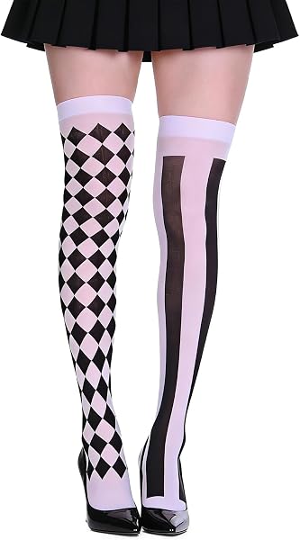 Harlekin Medias Mujer Payaso Medias Negro Blanco Circo 70 cm | Medias por encima de la rodilla de arlequín, a…